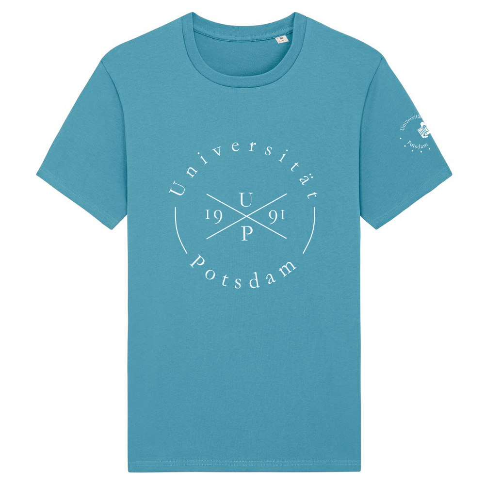 T-shirt Styler. Abgebildet ist ein blaues T-shirt im Design Styler. das Motiv befindet sich in der Mitte und ist umkreist von der Aufschrift: Universität Potsdam. 