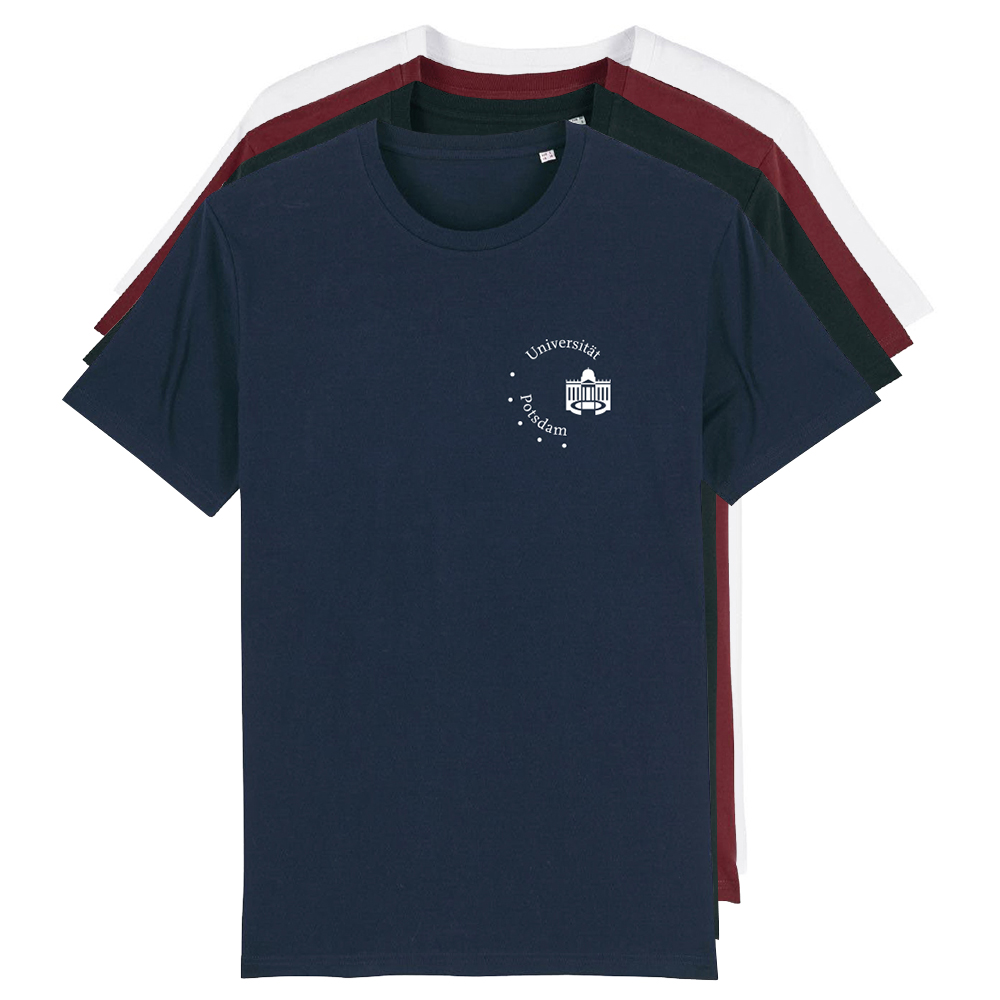 T-shirt-logo. Abgebildet sind diverse Logo-T-shirts in den Farben dunkelblau, schwarz, burgundy und weiß.