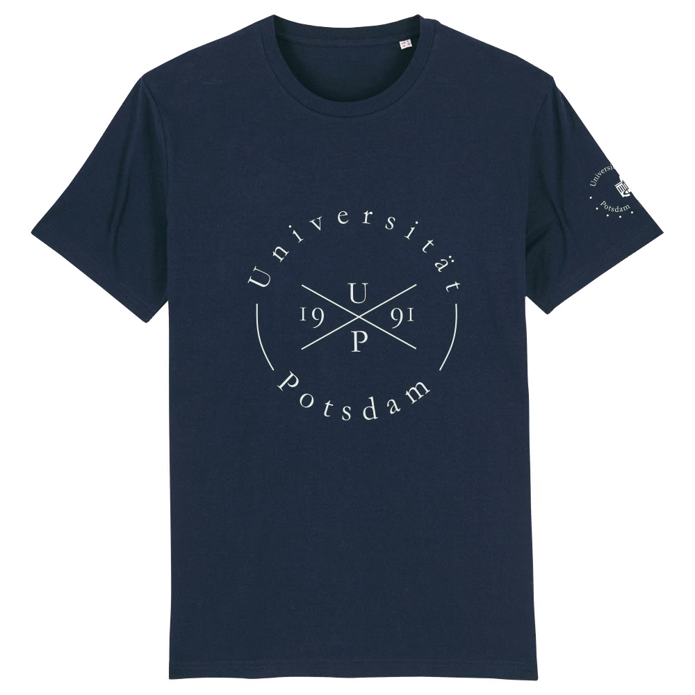 T-shirt Styler. Abgebildet ist ein dunkelblaues T-shirt im Design Styler. das Motiv befindet sich in der Mitte und ist umkreist von der Aufschrift: Universität Potsdam. 